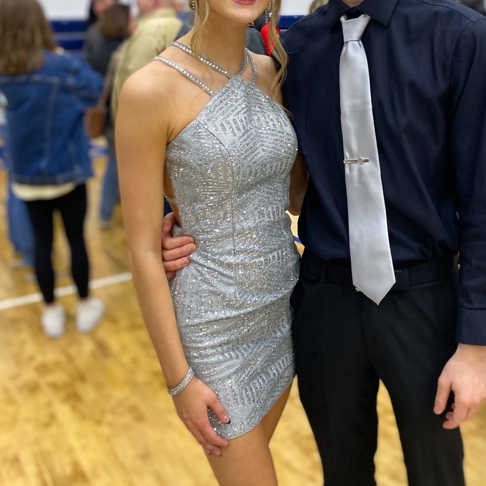 Camille La Vie Silver Sparkly Homecoming Dress